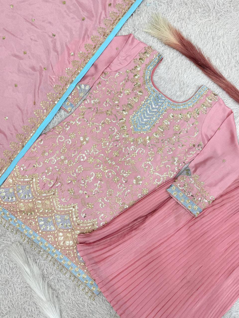 Premium Chinon Silk Kurti, Crushed Plazzo & Dupatta – Sequins & Thread Embroidery
