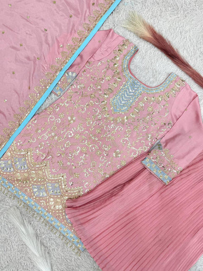 Premium Chinon Silk Kurti, Crushed Plazzo & Dupatta – Sequins & Thread Embroidery