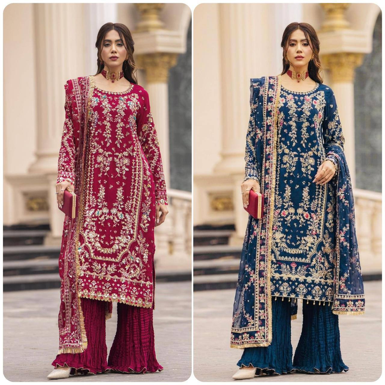 Premium Faux Georgette Top, Plazzo & Dupatta – Heavy Sequins & Beads Embroidery
