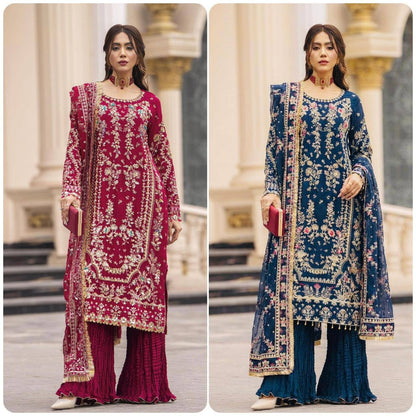 Premium Faux Georgette Top, Plazzo & Dupatta – Heavy Sequins & Beads Embroidery