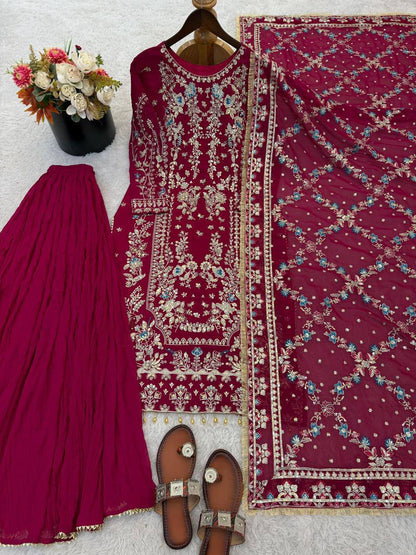 Premium Faux Georgette Top, Plazzo & Dupatta – Heavy Sequins & Beads Embroidery