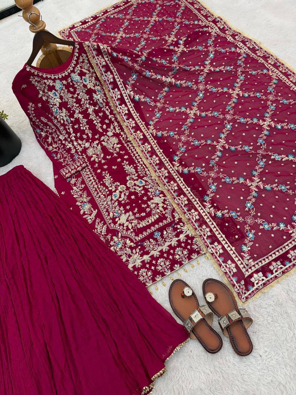 Premium Faux Georgette Top, Plazzo & Dupatta – Heavy Sequins & Beads Embroidery