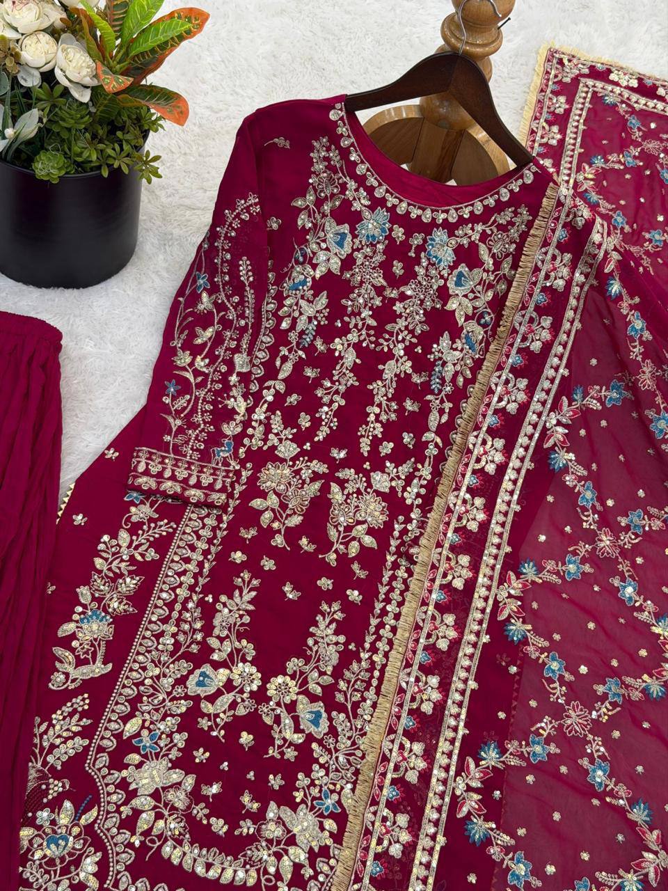 Premium Faux Georgette Top, Plazzo & Dupatta – Heavy Sequins & Beads Embroidery