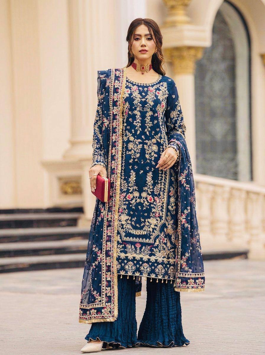 Premium Faux Georgette Top, Plazzo & Dupatta – Heavy Sequins & Beads Embroidery