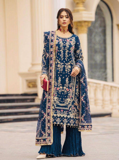 Premium Faux Georgette Top, Plazzo & Dupatta – Heavy Sequins & Beads Embroidery