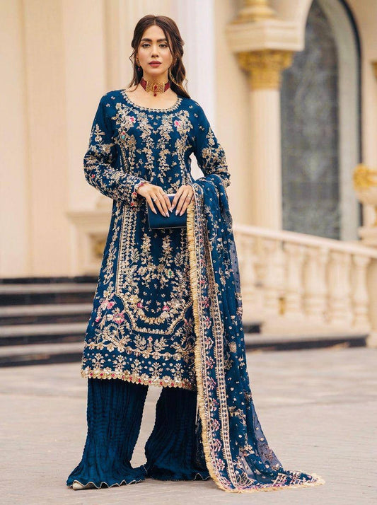 Premium Faux Georgette Top, Plazzo & Dupatta – Heavy Sequins & Beads Embroidery