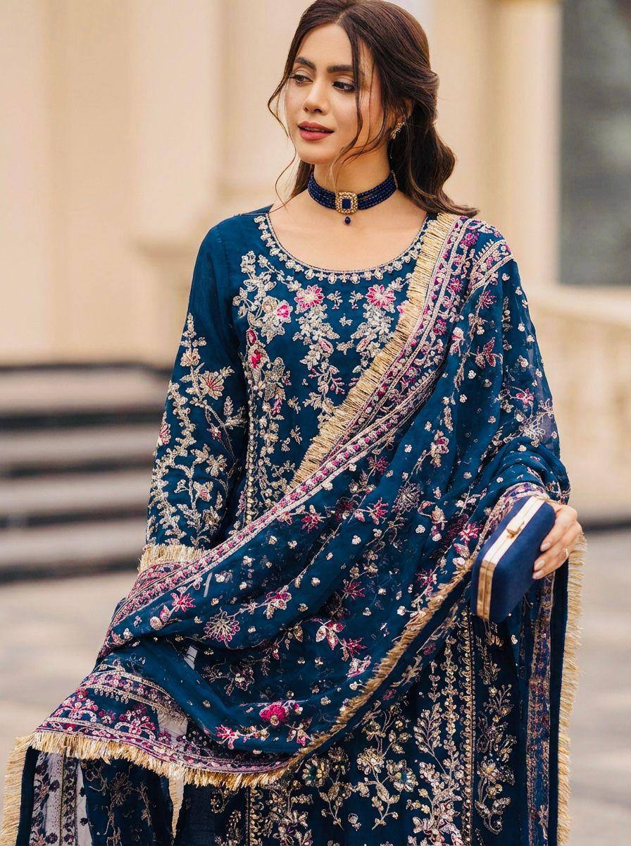Premium Faux Georgette Top, Plazzo & Dupatta – Heavy Sequins & Beads Embroidery