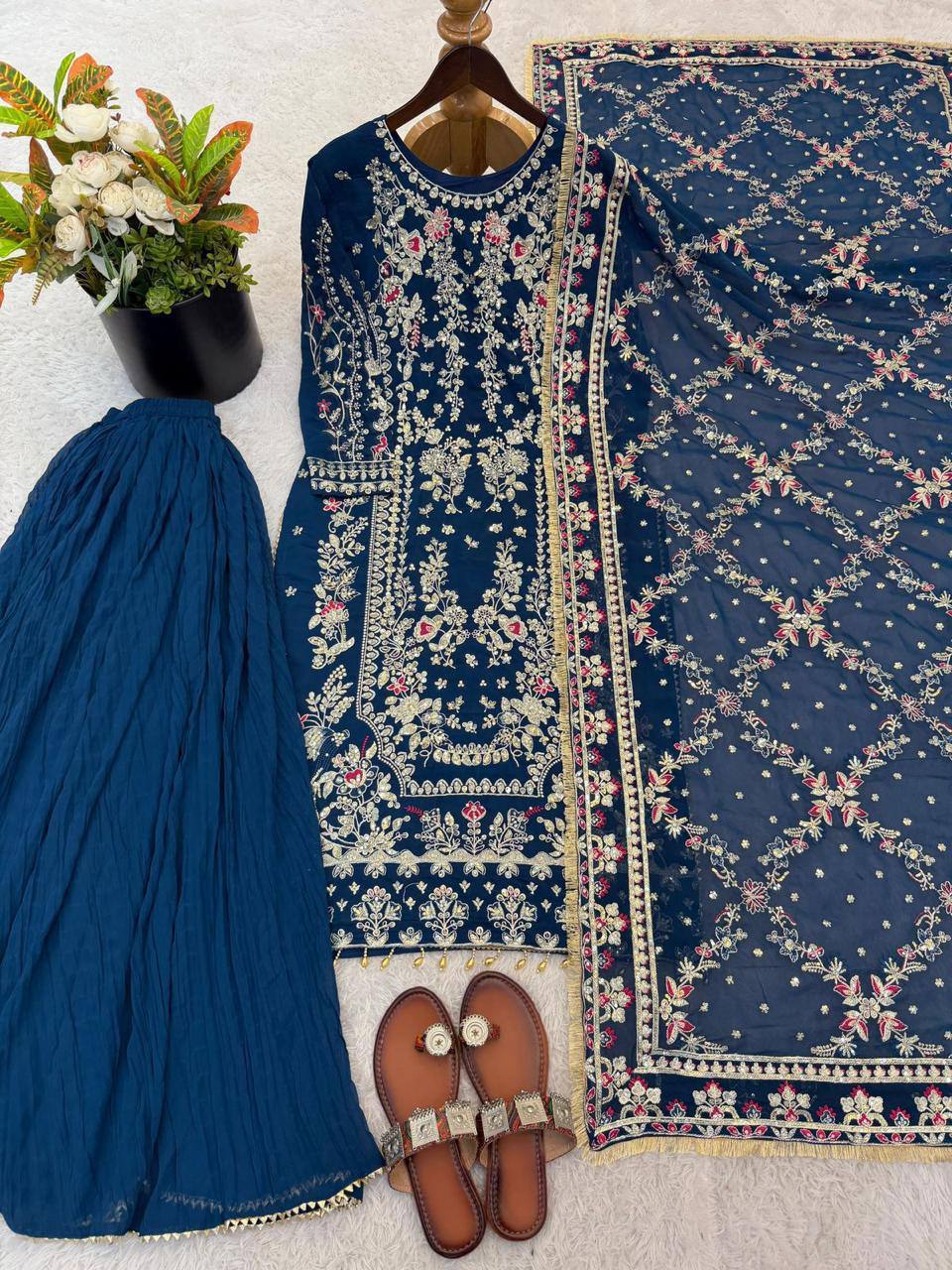 Premium Faux Georgette Top, Plazzo & Dupatta – Heavy Sequins & Beads Embroidery