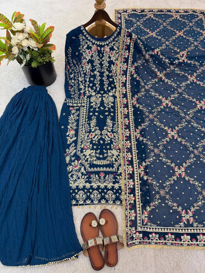 Premium Faux Georgette Top, Plazzo & Dupatta – Heavy Sequins & Beads Embroidery