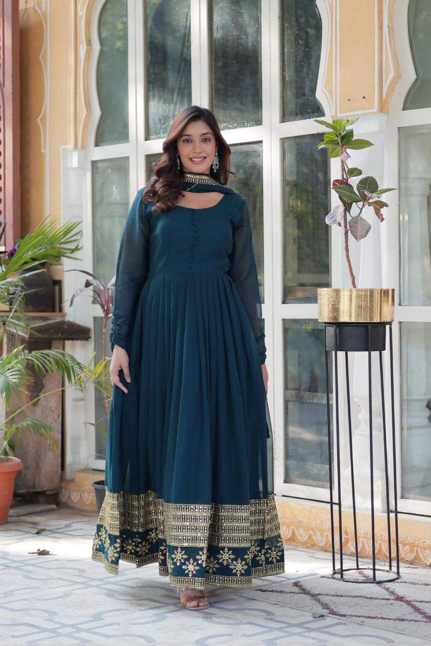 Faux Blooming Embroidered Red, Purple & Greenish Blue Color Gown with Dupatta