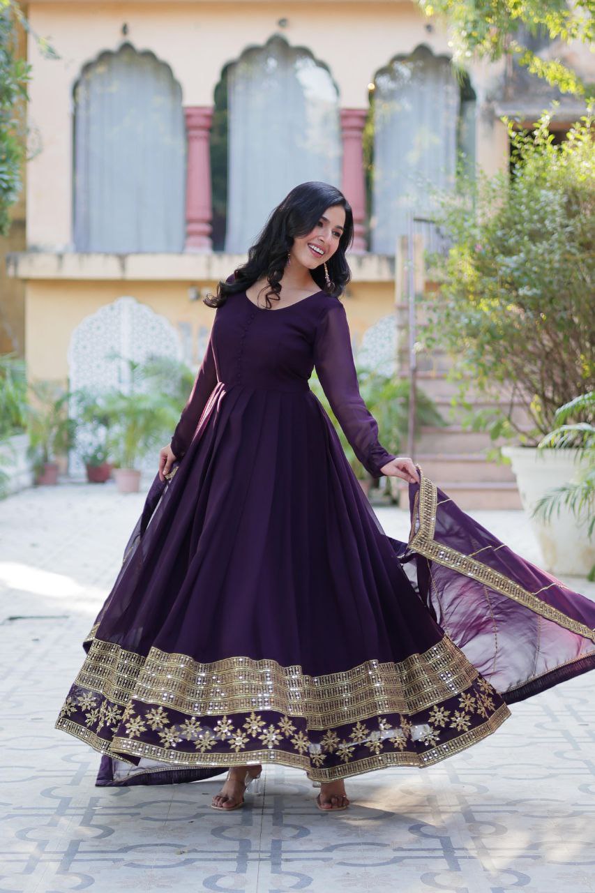 Faux Blooming Embroidered Red, Purple & Greenish Blue Color Gown with Dupatta