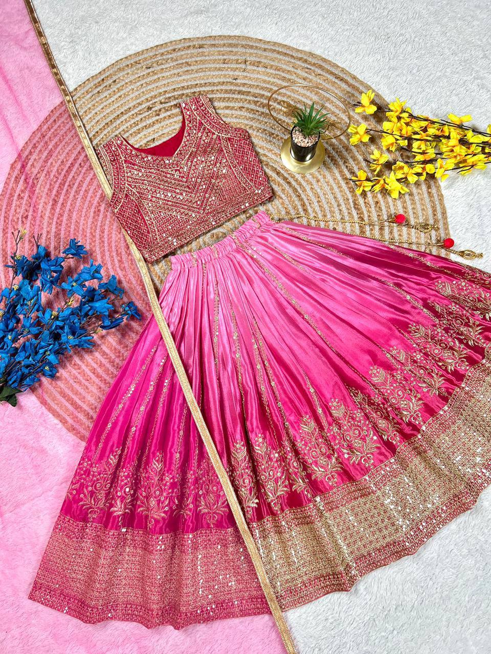 Premium Chinon Silk Lehenga, Blouse & Dupatta – Sequins Embroidery