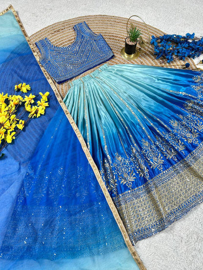 Premium Chinon Silk Lehenga, Blouse & Dupatta – Sequins Embroidery