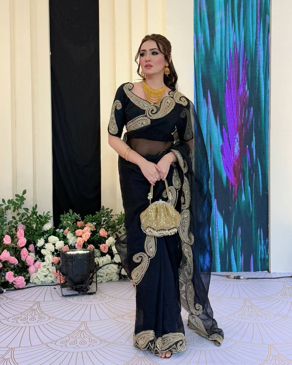 Premium Rangoli Silk Saree with Zari & Sequins Embroidery