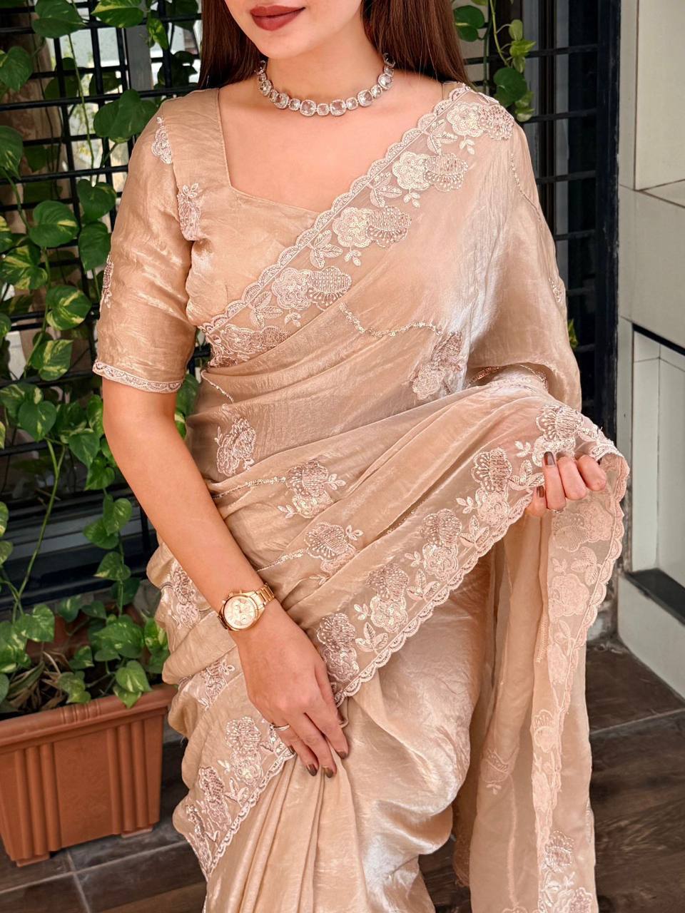 Premium Fendy Satin Saree – Sequins & Beads Embroidery with Thread Work