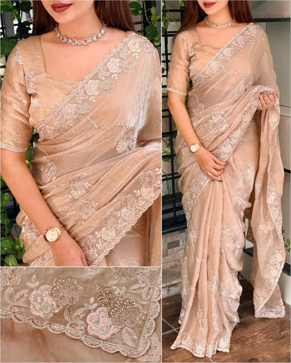 Premium Fendy Satin Saree – Sequins & Beads Embroidery with Thread Work