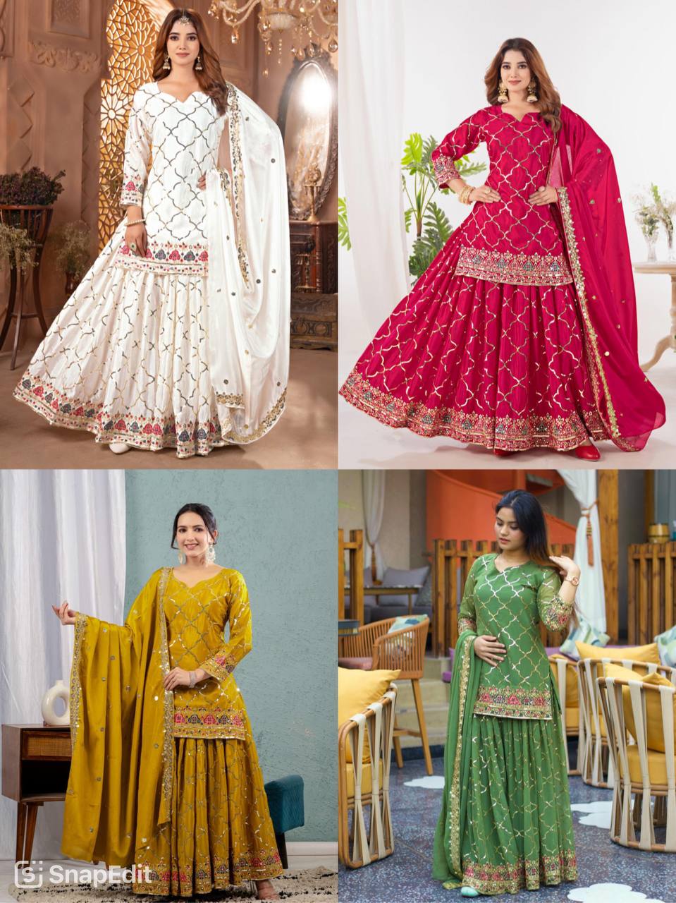 Premium Chinon Silk Top, Sharara Plazzo & Dupatta