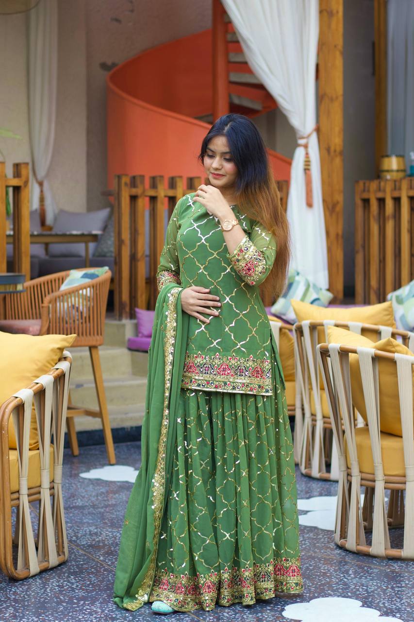Premium Chinon Silk Top, Sharara Plazzo & Dupatta