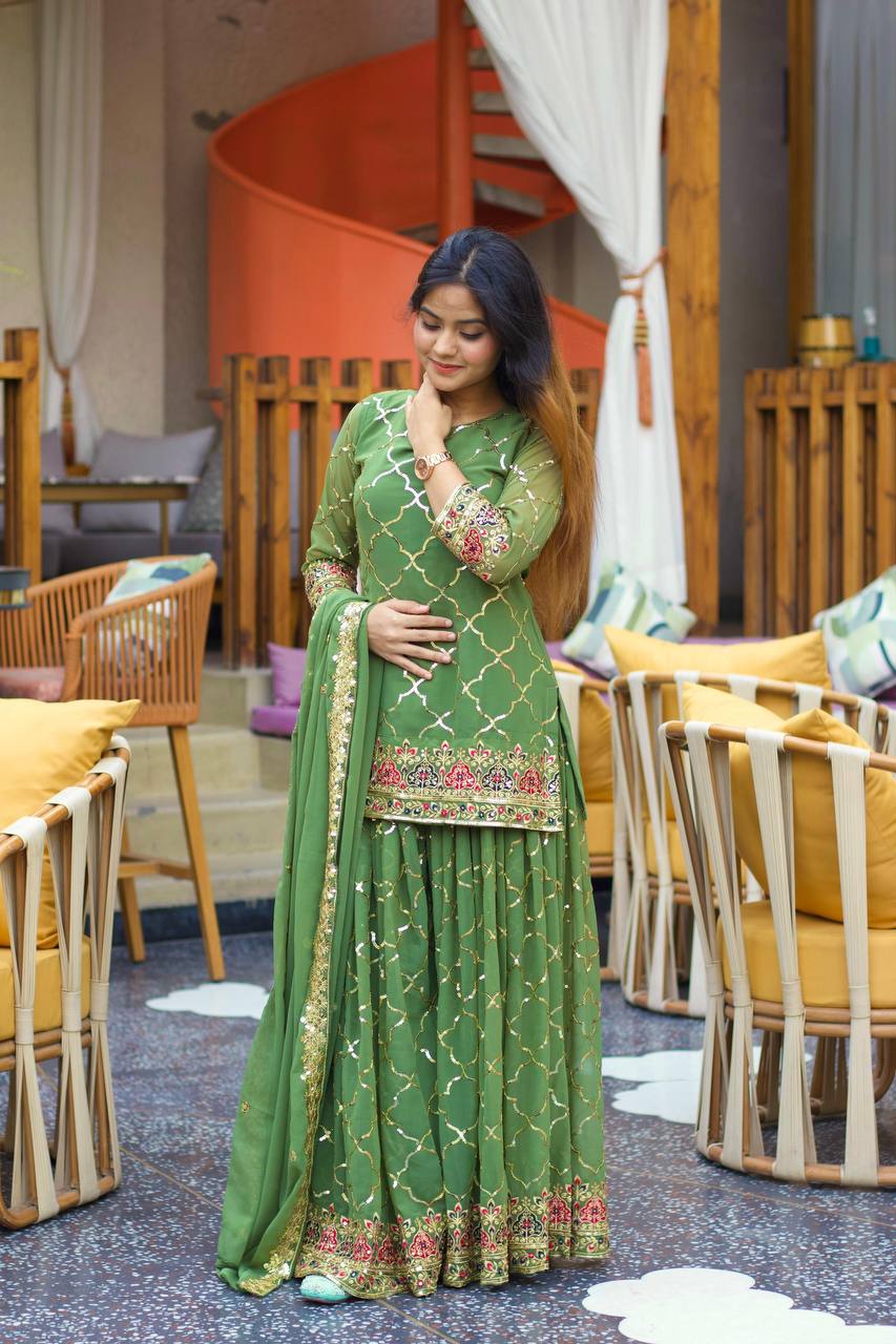 Premium Chinon Silk Top, Sharara Plazzo & Dupatta
