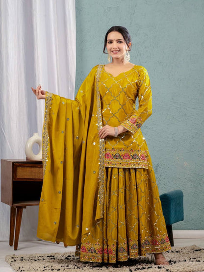 Premium Chinon Silk Top, Sharara Plazzo & Dupatta
