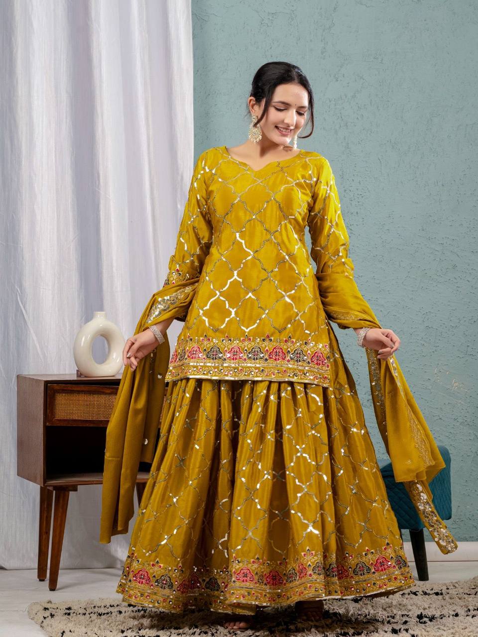 Premium Chinon Silk Top, Sharara Plazzo & Dupatta
