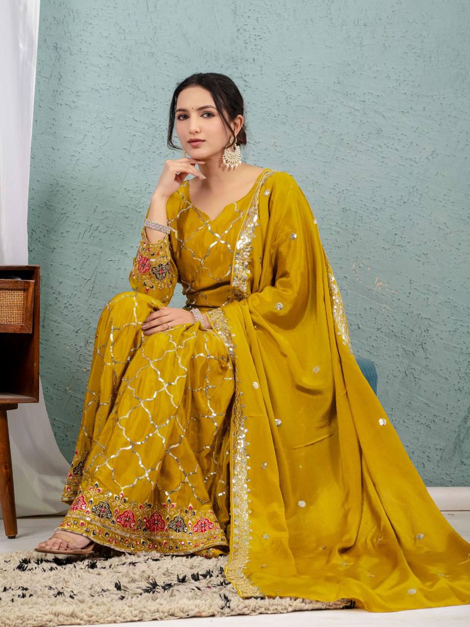 Premium Chinon Silk Top, Sharara Plazzo & Dupatta
