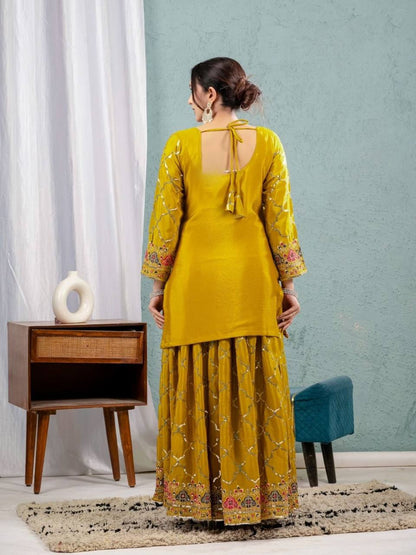 Premium Chinon Silk Top, Sharara Plazzo & Dupatta