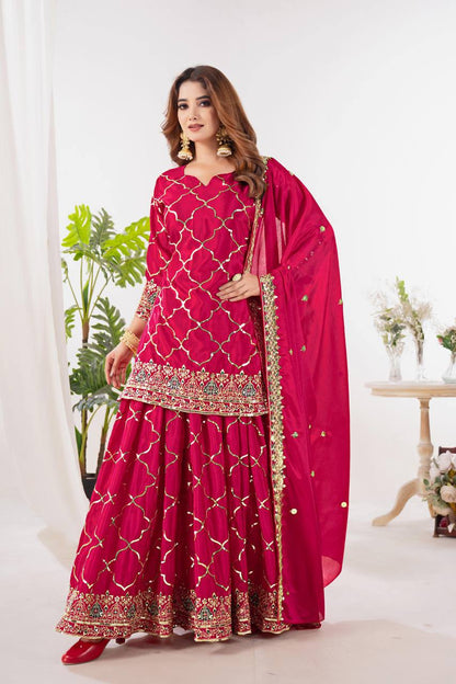 Premium Chinon Silk Top, Sharara Plazzo & Dupatta