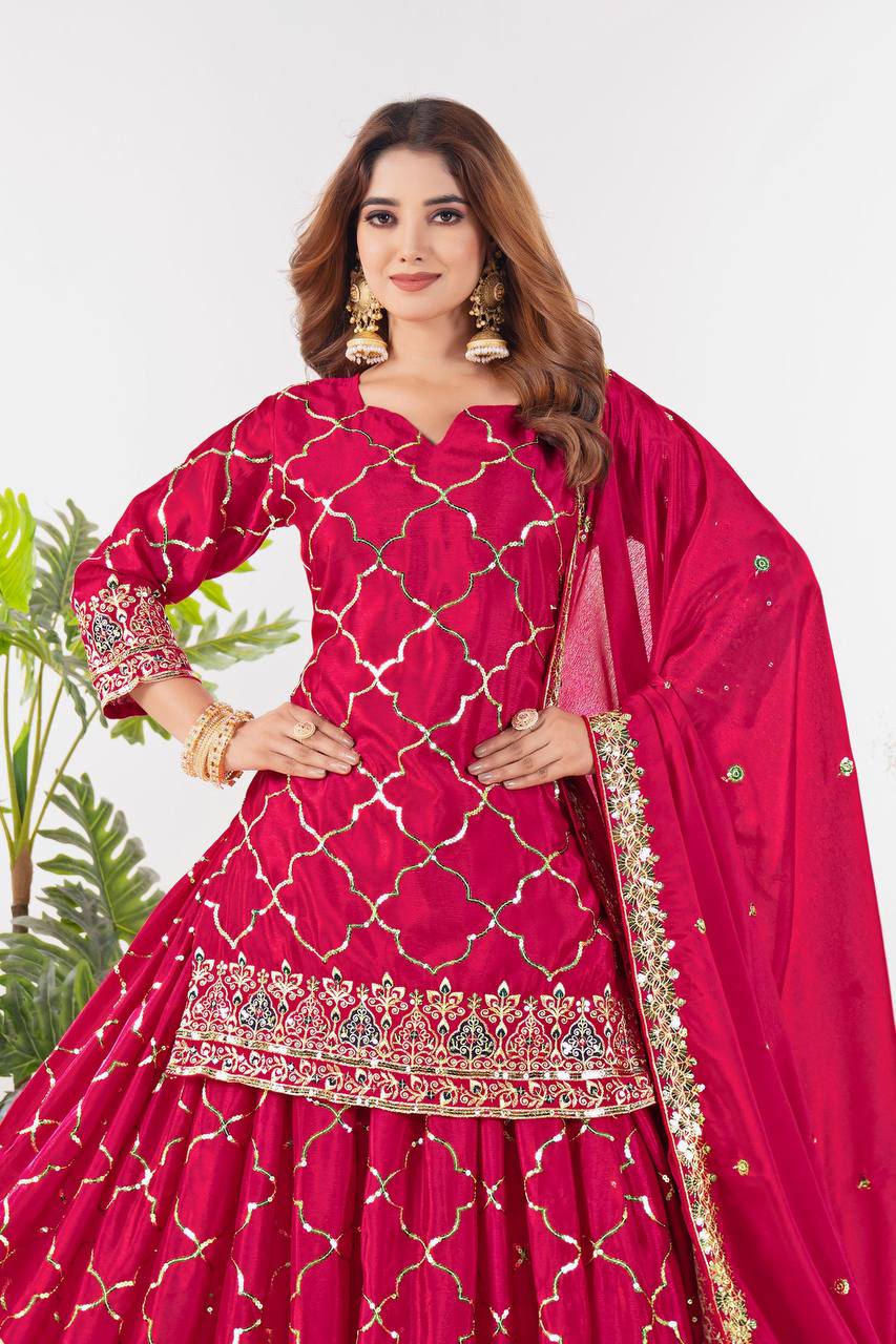 Premium Chinon Silk Top, Sharara Plazzo & Dupatta