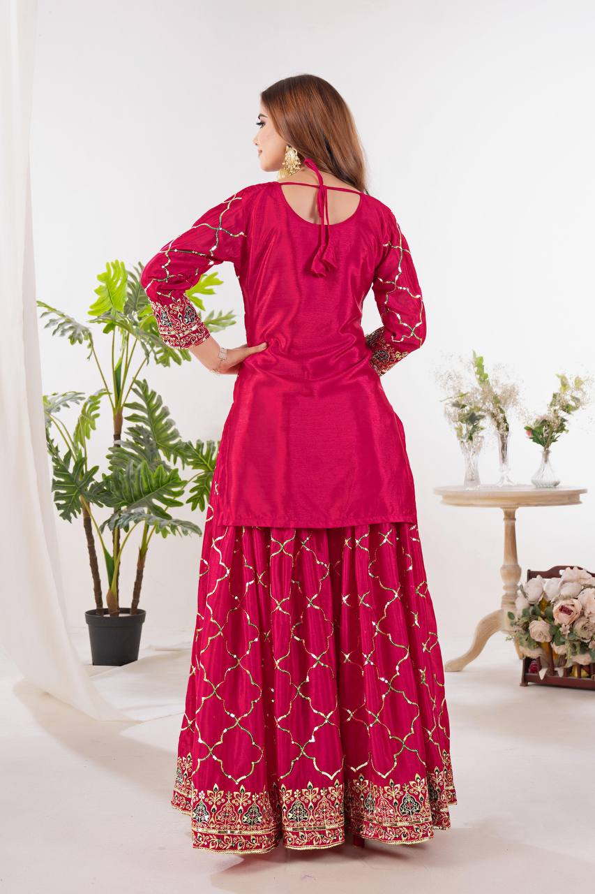 Premium Chinon Silk Top, Sharara Plazzo & Dupatta