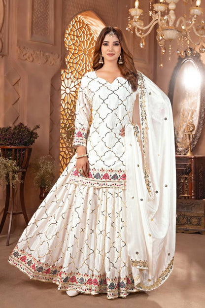Premium Chinon Silk Top, Sharara Plazzo & Dupatta