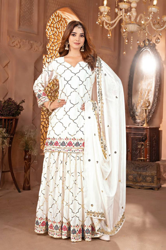 Premium Chinon Silk Top, Sharara Plazzo & Dupatta