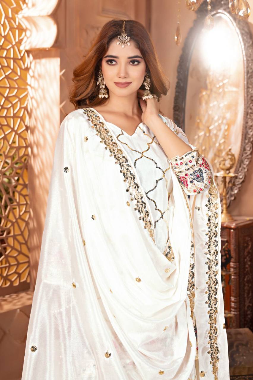 Premium Chinon Silk Top, Sharara Plazzo & Dupatta