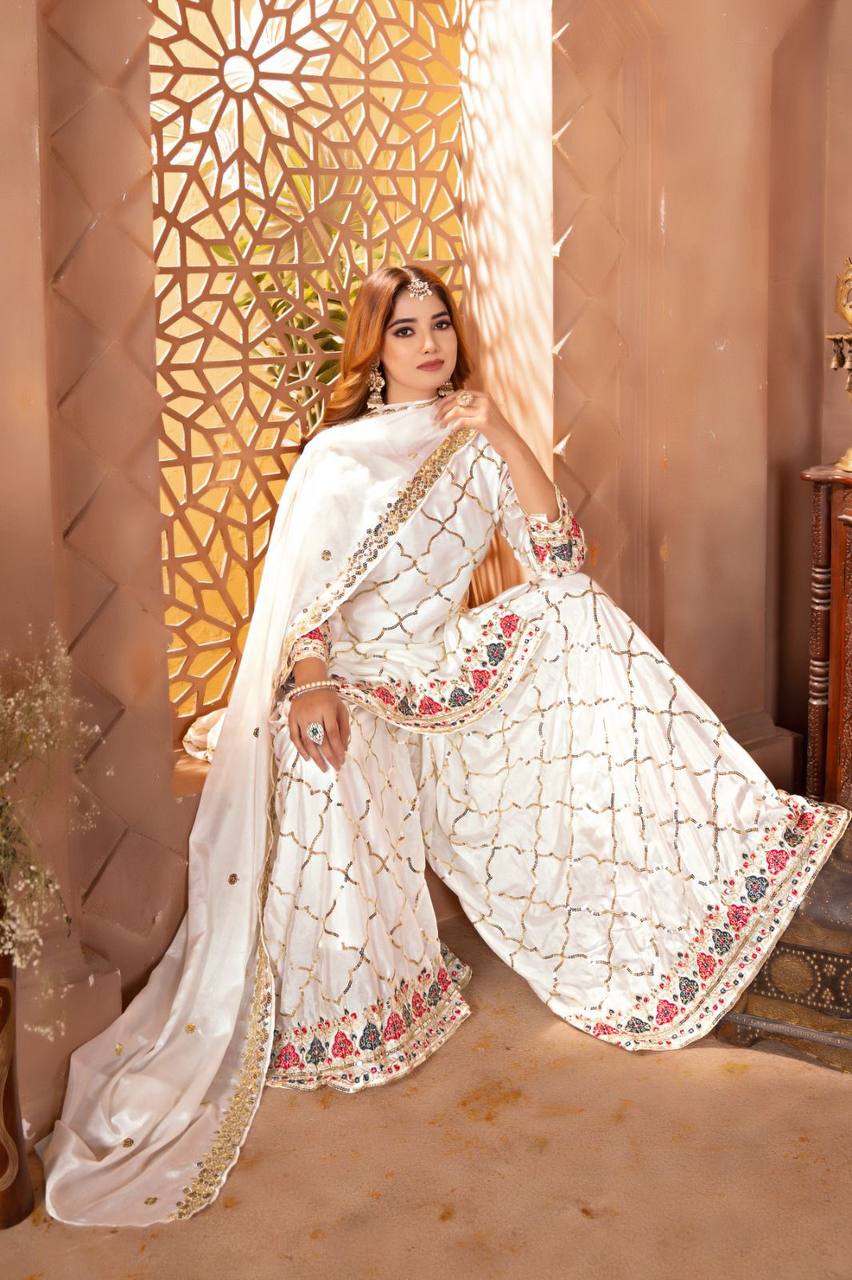 Premium Chinon Silk Top, Sharara Plazzo & Dupatta