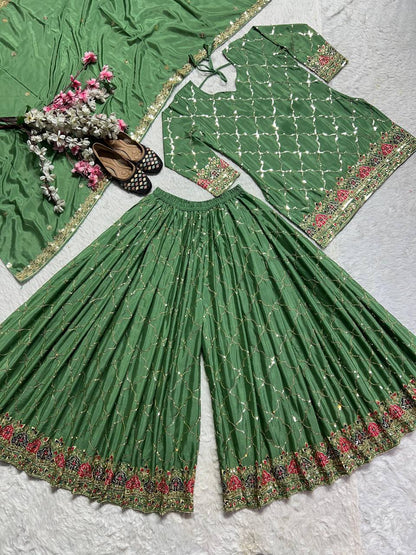 Premium Chinon Silk Top, Sharara Plazzo & Dupatta