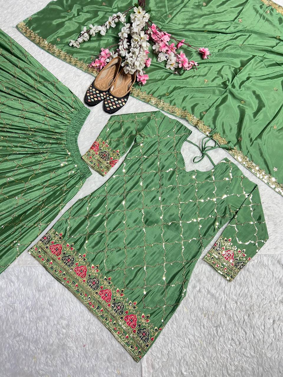 Premium Chinon Silk Top, Sharara Plazzo & Dupatta