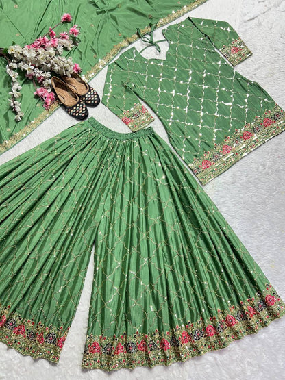Premium Chinon Silk Top, Sharara Plazzo & Dupatta