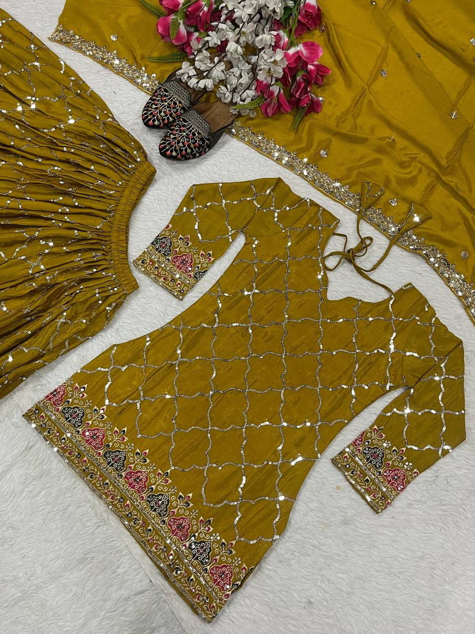 Premium Chinon Silk Top, Sharara Plazzo & Dupatta