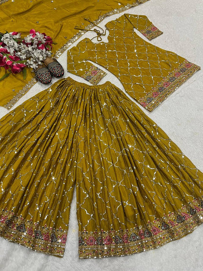 Premium Chinon Silk Top, Sharara Plazzo & Dupatta
