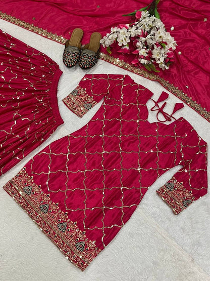 Premium Chinon Silk Top, Sharara Plazzo & Dupatta