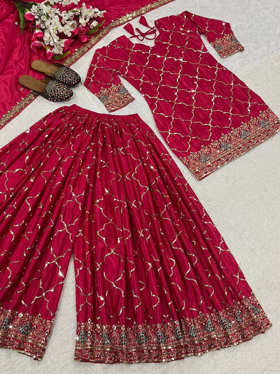 Premium Chinon Silk Top, Sharara Plazzo & Dupatta