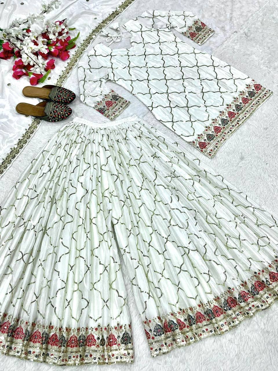 Premium Chinon Silk Top, Sharara Plazzo & Dupatta