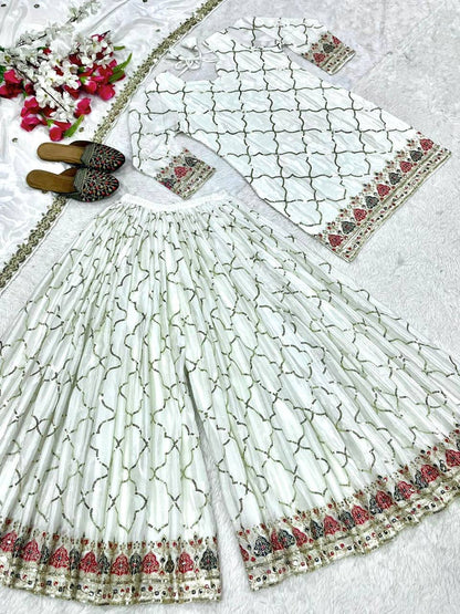 Premium Chinon Silk Top, Sharara Plazzo & Dupatta