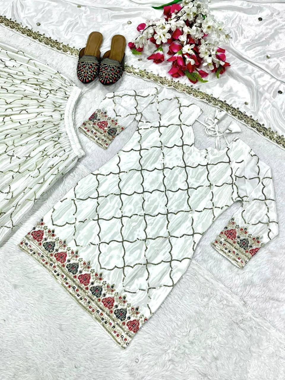 Premium Chinon Silk Top, Sharara Plazzo & Dupatta