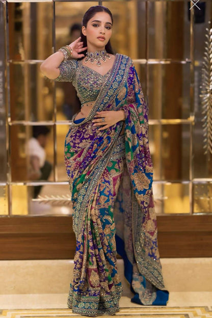 Premium Chinon Silk Saree – Real Mirror Work with Printed Design