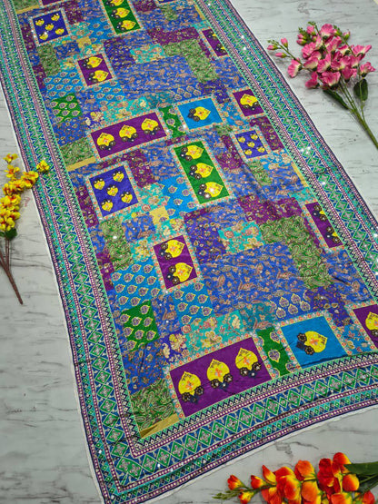 Premium Chinon Silk Saree – Real Mirror Work with Printed Design