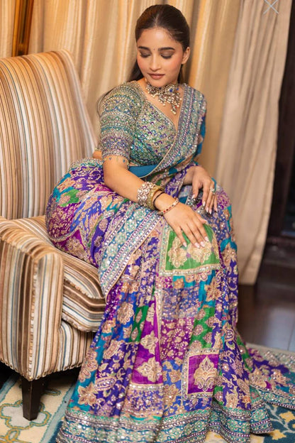 Premium Chinon Silk Saree with Real Mirror Work & Printed Blouse