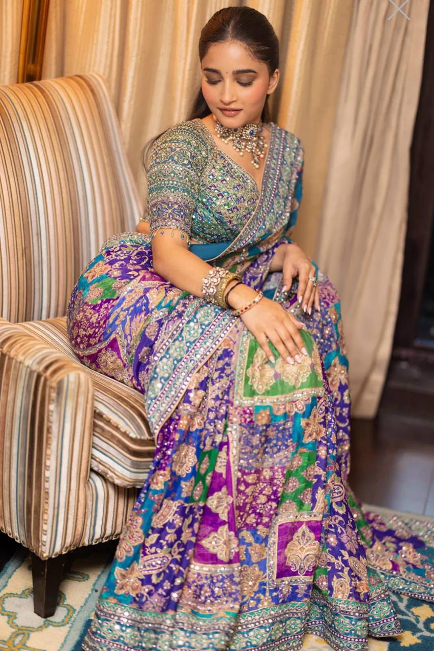 Premium Chinon Silk Saree – Real Mirror Work with Printed Design