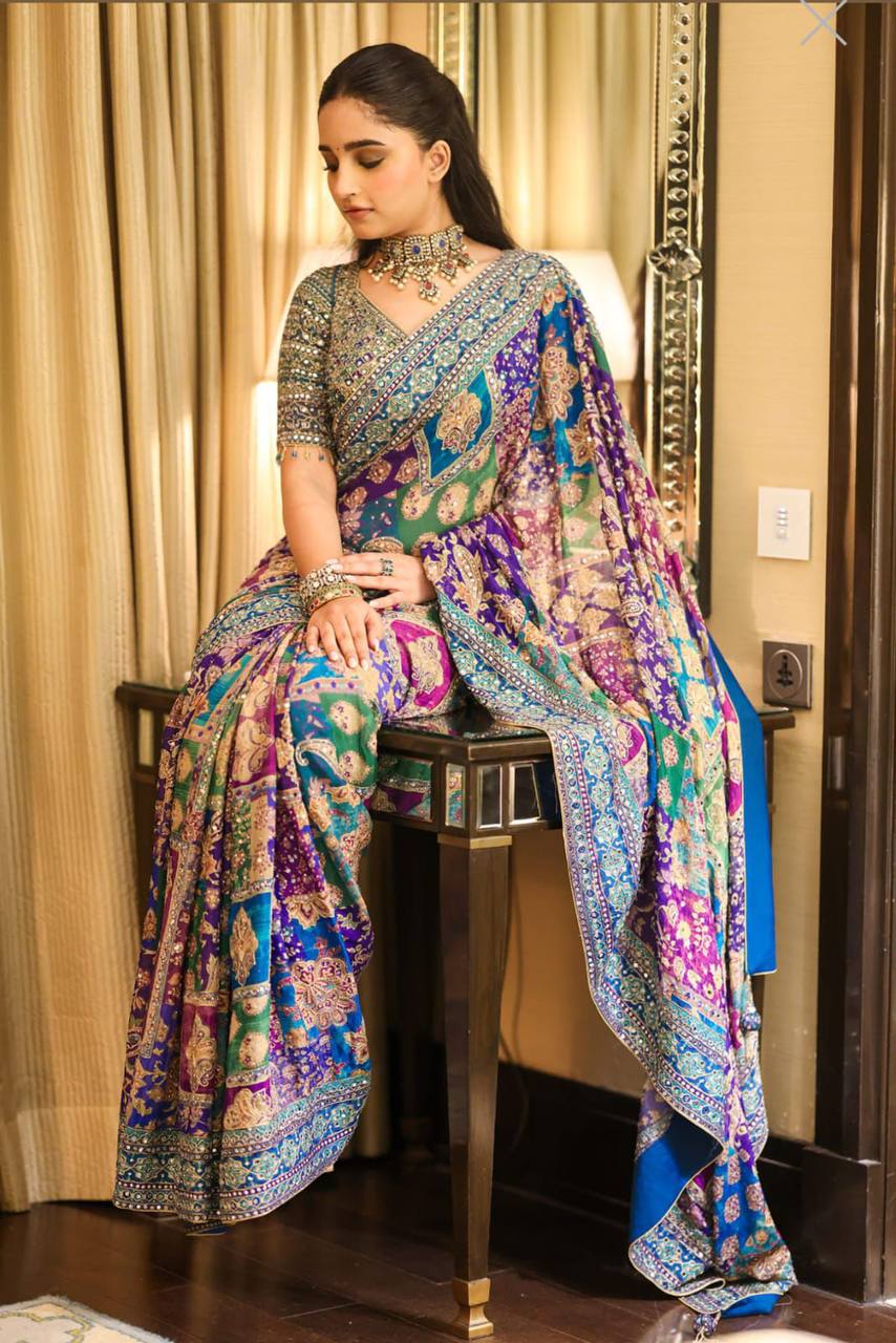Premium Chinon Silk Saree – Real Mirror Work with Printed Design