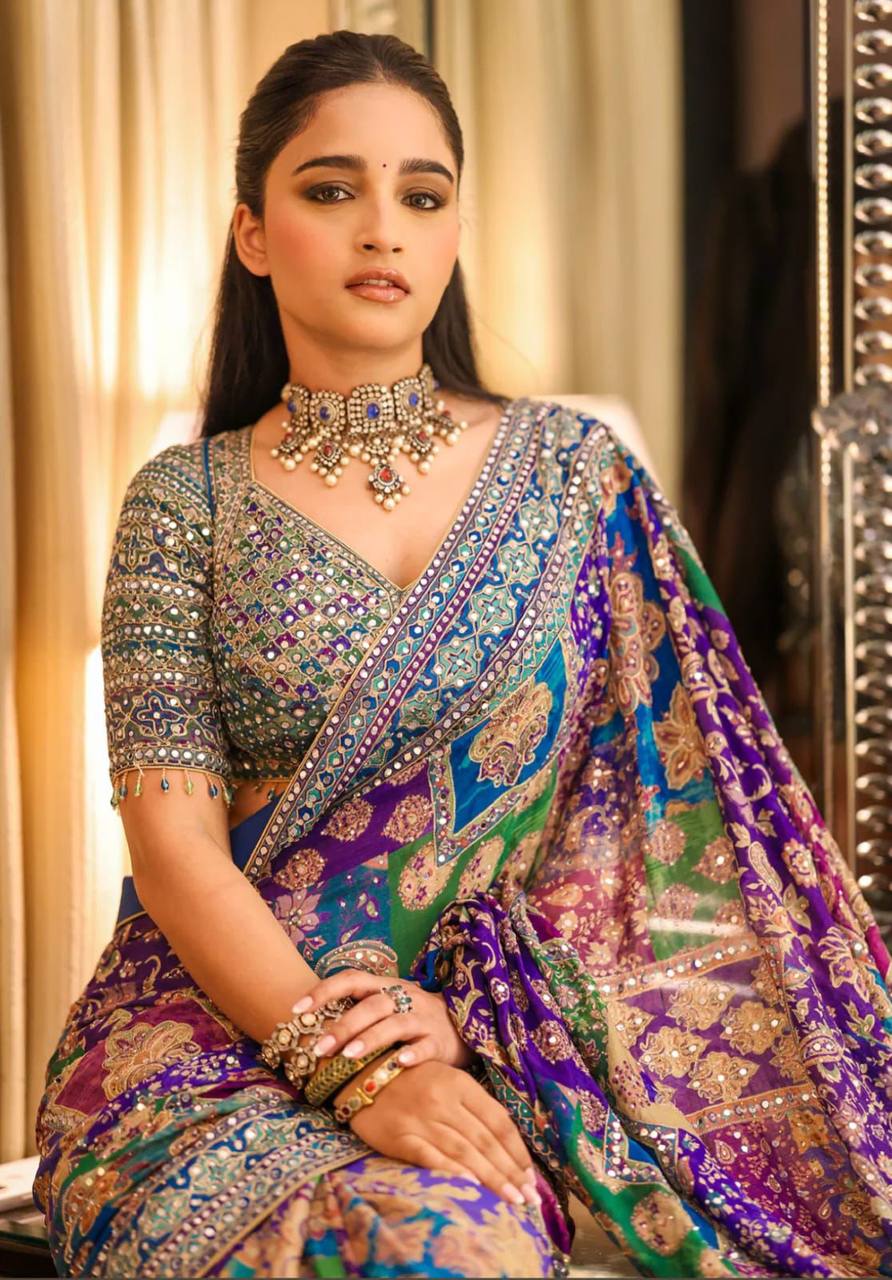 Premium Chinon Silk Saree with Real Mirror Work & Printed Blouse